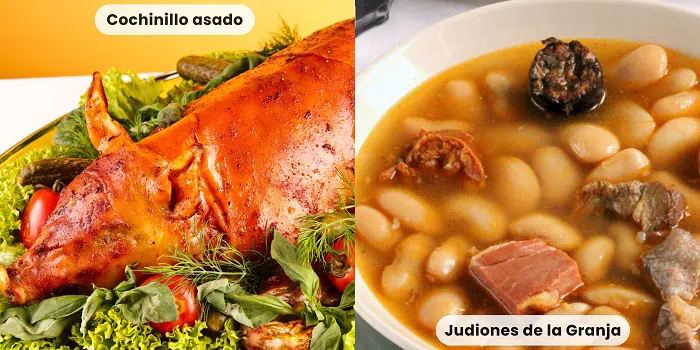 Cochinillo asado y plato de judiones de la Granja